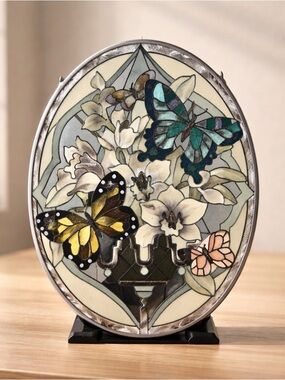 VGT Butterfly & Floral Suncatcher Stained Glass Oval Silver Trim Chained Hanger